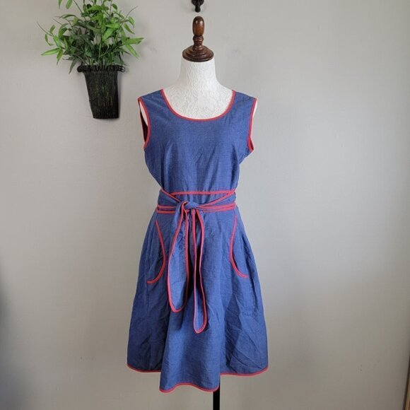 70s True Vintage Concept Swirl Chambray Wrap Sleeveless Fit N Flare Midi Dress M - Picture 1 of 16